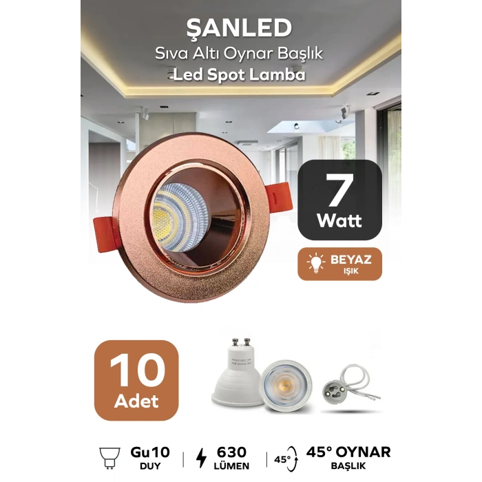 7w Sıva Altı Oynar Başlık Gu10 Yuvarlak Bakır Kasa Beyaz Işık Led Spot Lamba 10 Adet