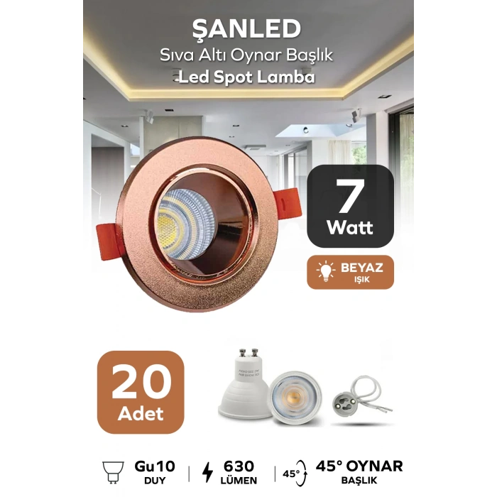 7w Sıva Altı Oynar Başlık Gu10 Yuvarlak Bakır Kasa Beyaz Işık Led Spot Lamba 20 Adet