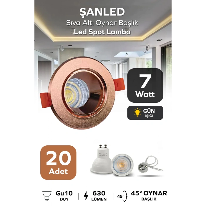 7w Sıva Altı Oynar Başlık Gu10 Yuvarlak Bakır Kasa Gün Işığı Led Spot Lamba 20 Adet