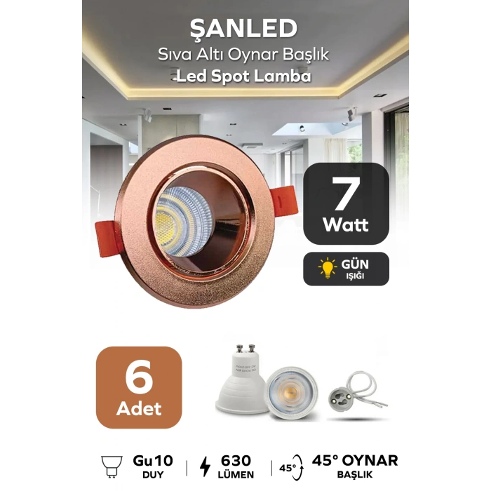 7w Sıva Altı Oynar Başlık Gu10 Yuvarlak Bakır Kasa Gün Işığı Led Spot Lamba 6 Adet