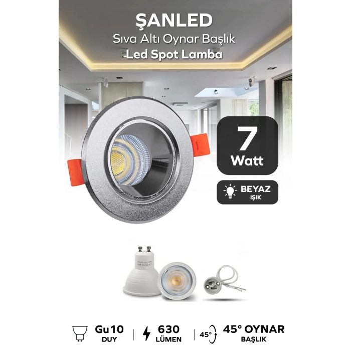 7w Sıva Altı Oynar Başlık Gu10 Yuvarlak Krom Kasa Beyaz Işık Led Spot Lamba 1 Adet