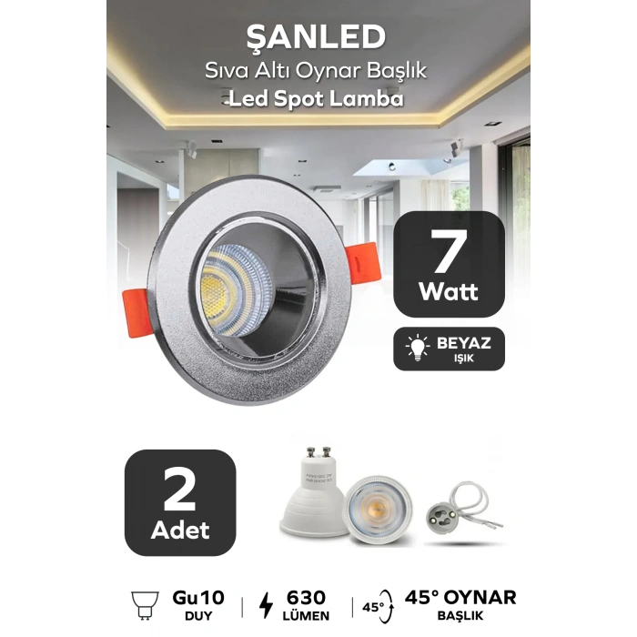 7w Sıva Altı Oynar Başlık Gu10 Yuvarlak Krom Kasa Beyaz Işık Led Spot Lamba 2 Adet