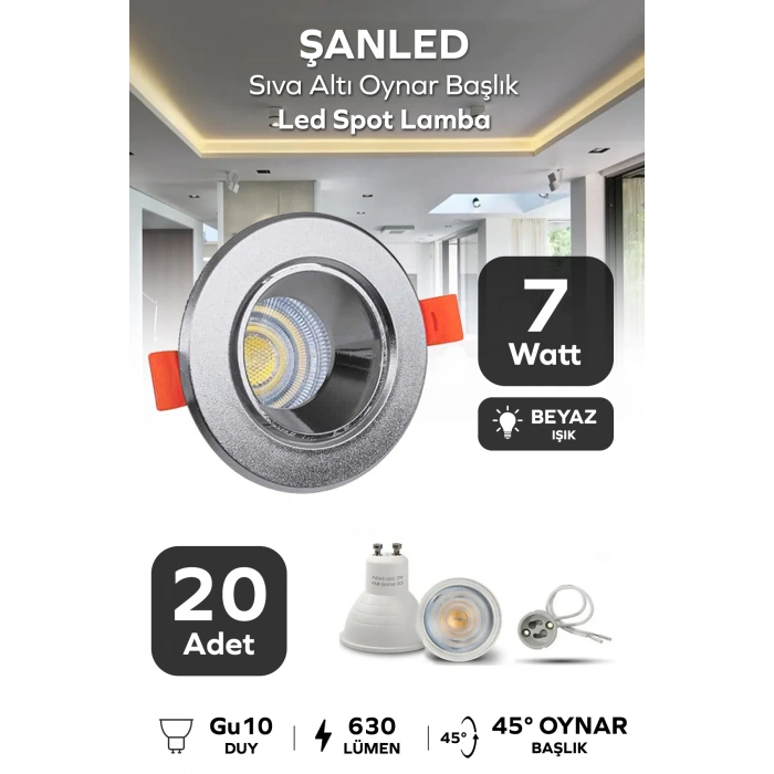 7w Sıva Altı Oynar Başlık Gu10 Yuvarlak Krom Kasa Beyaz Işık Led Spot Lamba 20 Adet