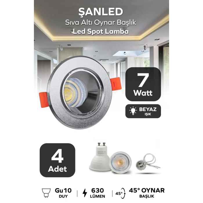 7w Sıva Altı Oynar Başlık Gu10 Yuvarlak Krom Kasa Beyaz Işık Led Spot Lamba 4 Adet