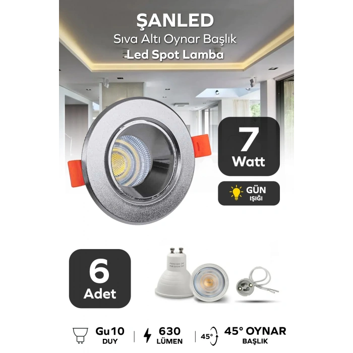 7w Sıva Altı Oynar Başlık Gu10 Yuvarlak Krom Kasa Gün Işığı Led Spot Lamba 6 Adet