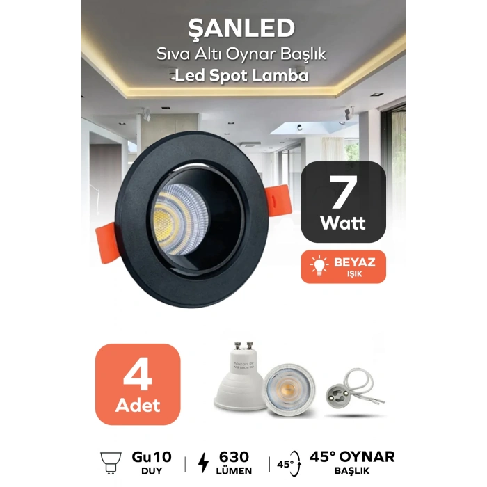 7w Sıva Altı Oynar Başlık Gu10 Yuvarlak Siyah Kasa Beyaz Işık Led Spot Lamba 4 Adet