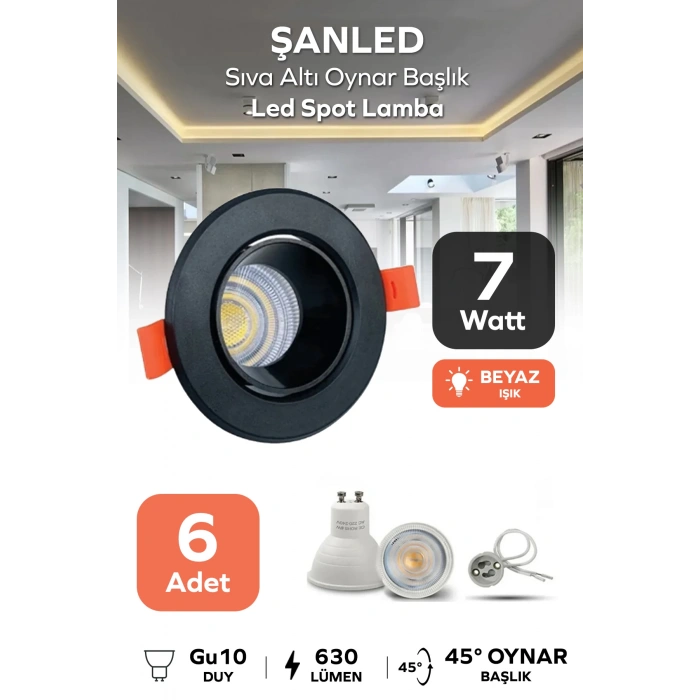7w Sıva Altı Oynar Başlık Gu10 Yuvarlak Siyah Kasa Beyaz Işık Led Spot Lamba 6 Adet