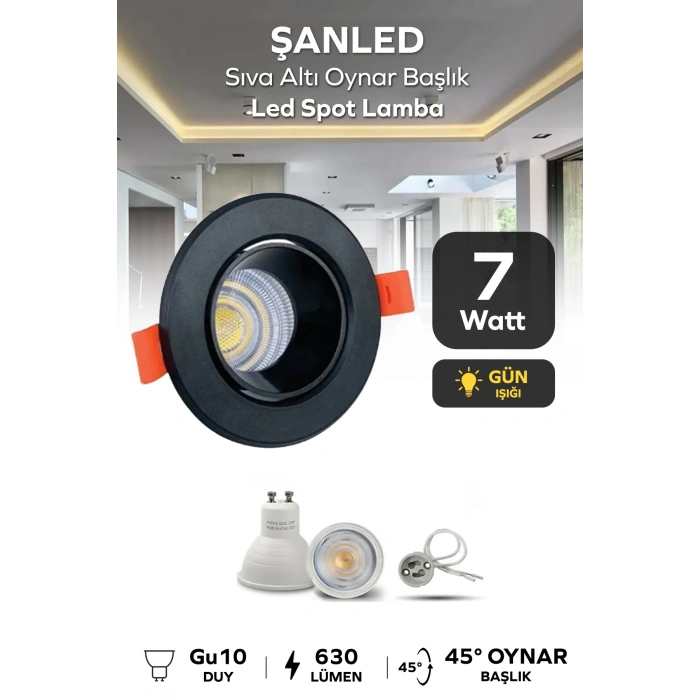7w Sıva Altı Oynar Başlık Gu10 Yuvarlak Siyah Kasa Gün Işığı Led Spot Lamba 1 Adet