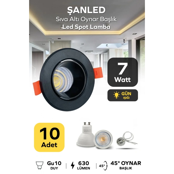7w Sıva Altı Oynar Başlık Gu10 Yuvarlak Siyah Kasa Gün Işığı Led Spot Lamba 10 Adet