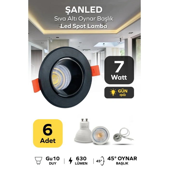 7w Sıva Altı Oynar Başlık Gu10 Yuvarlak Siyah Kasa Gün Işığı Led Spot Lamba 6 Adet
