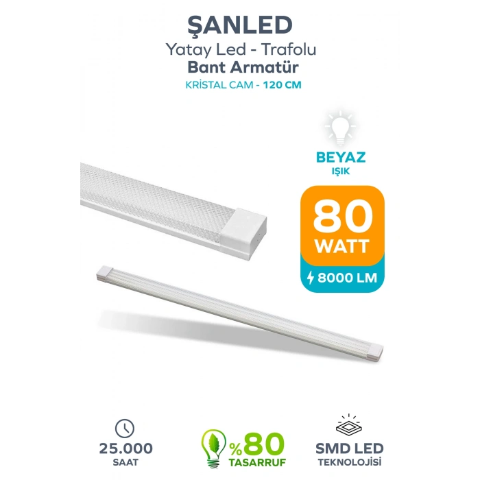 80W 120 Cm KRİSTAL Yatay LED Bant Armatür-Trafolu Beyaz Işık 1 Adet