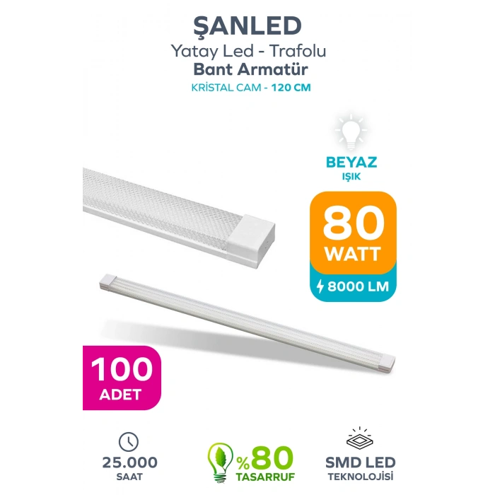 80W 120 Cm KRİSTAL Yatay LED Bant Armatür-Trafolu Beyaz Işık 100 Adet
