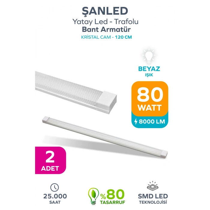 80W 120 Cm KRİSTAL Yatay LED Bant Armatür-Trafolu Beyaz Işık 2 Adet