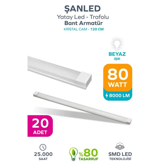 80W 120 Cm KRİSTAL Yatay LED Bant Armatür-Trafolu Beyaz Işık 20 Adet