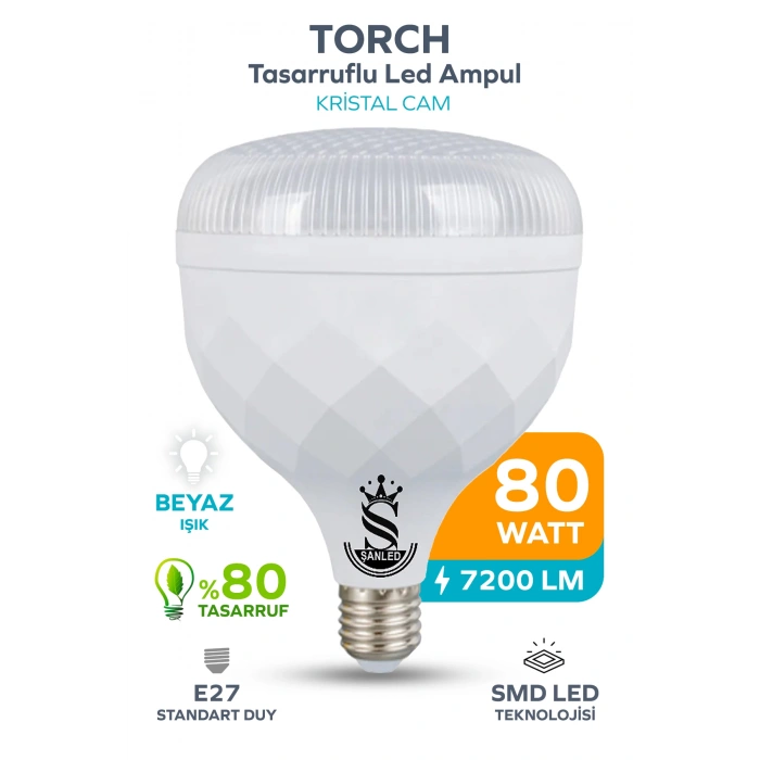 80W KRİSTAL Tasarruflu E27 Beyaz Işık Torch Led Ampul 1 Adet