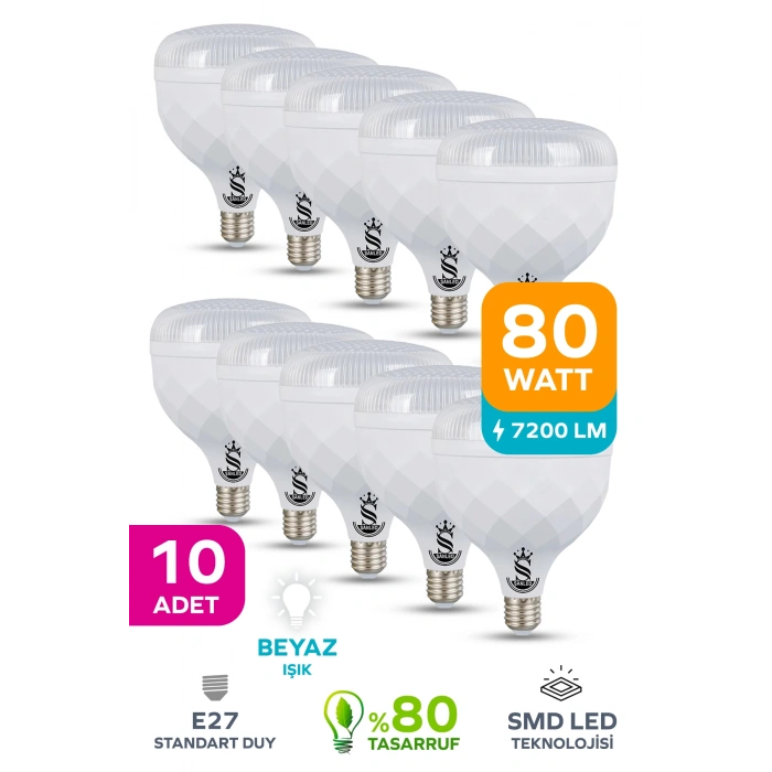 80W KRİSTAL Tasarruflu E27 Beyaz Işık Torch Led Ampul 10 Adet