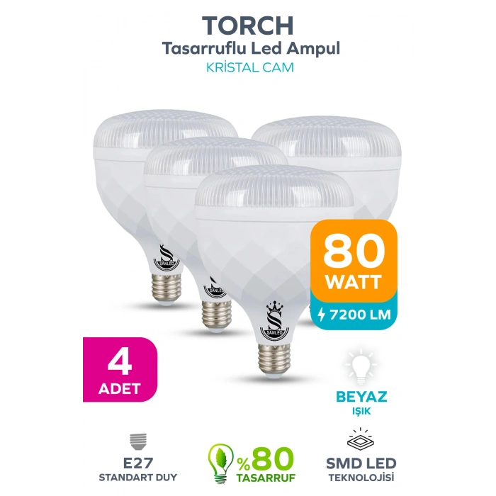 80W KRİSTAL Tasarruflu E27 Beyaz Işık Torch Led Ampul 4 Adet
