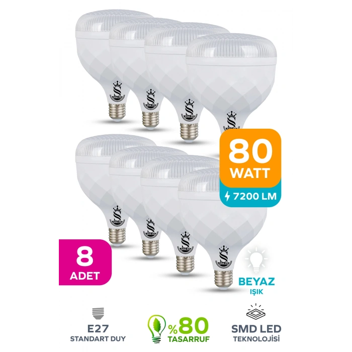 80W KRİSTAL Tasarruflu E27 Beyaz Işık Torch Led Ampul 8 Adet