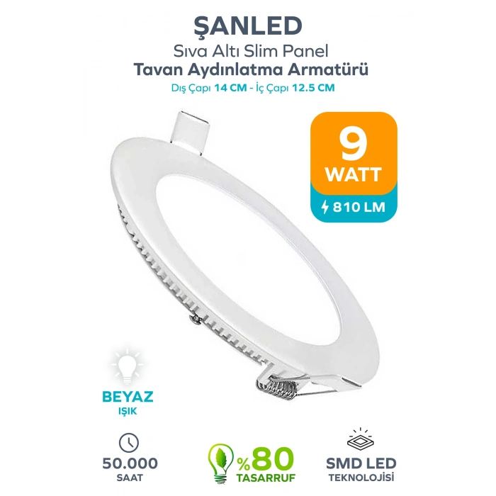 9w Tasarruflu Led Yuvarlak Beyaz Işık Sıva Altı Slim Panel Tavan Aydınlatma Armatürü 1 Adet