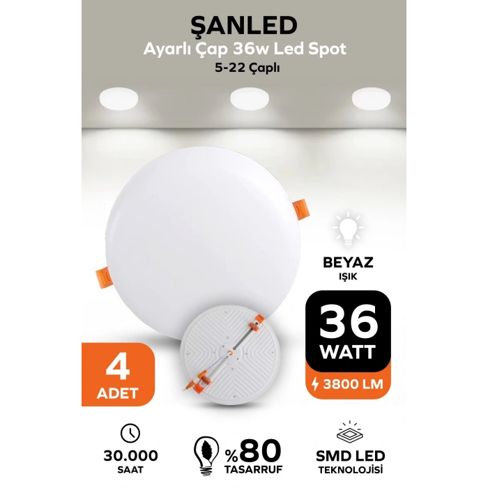 Ayarlı Çap 36w Beyaz Işık Led Spot (5-22 Çaplı ) 4 Adet