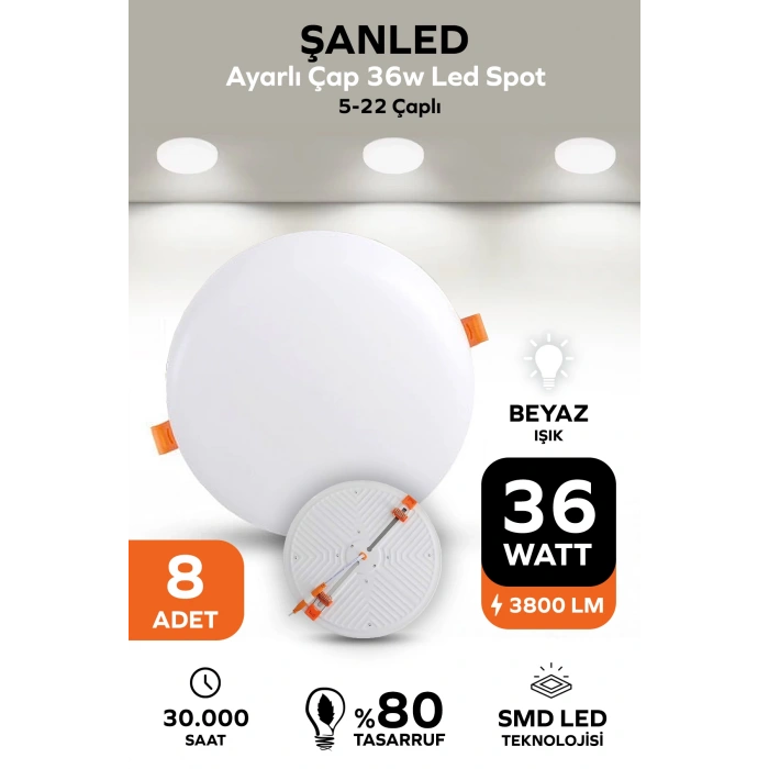 Ayarlı Çap 36w Beyaz Işık Led Spot (5-22 Çaplı ) 8 Adet
