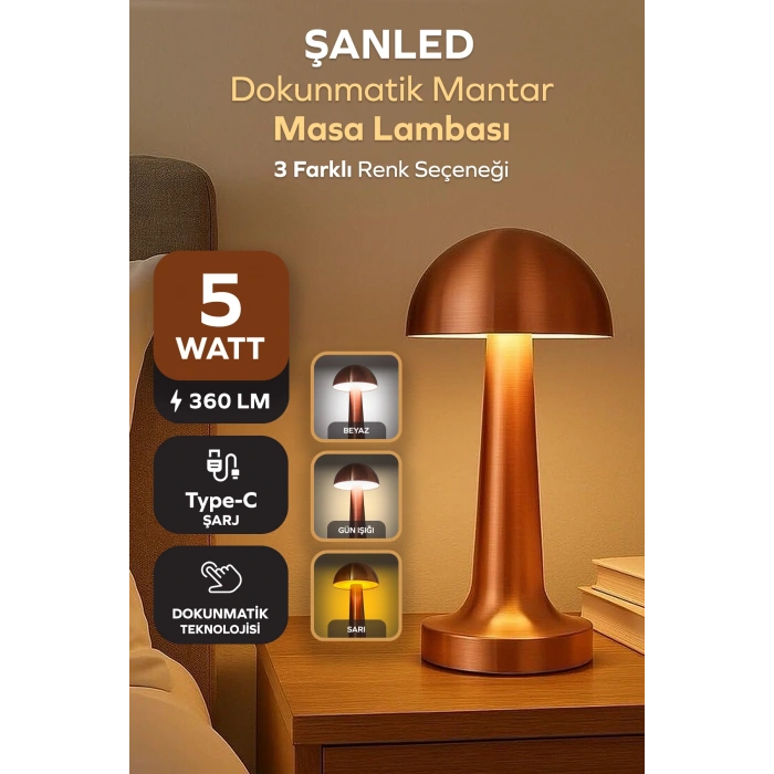 Bakır Renk Şarjlı LED Masa Lambası Type-C Girişli Dokunmatik 3 Işık Modlu Gece Aydınlatması