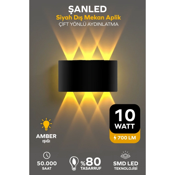Dekoratif 10w Çift Yönlü Iç-dış Mekan Siyah Kasa Amber Rengi Işık Duvar Aplik 1 Adet
