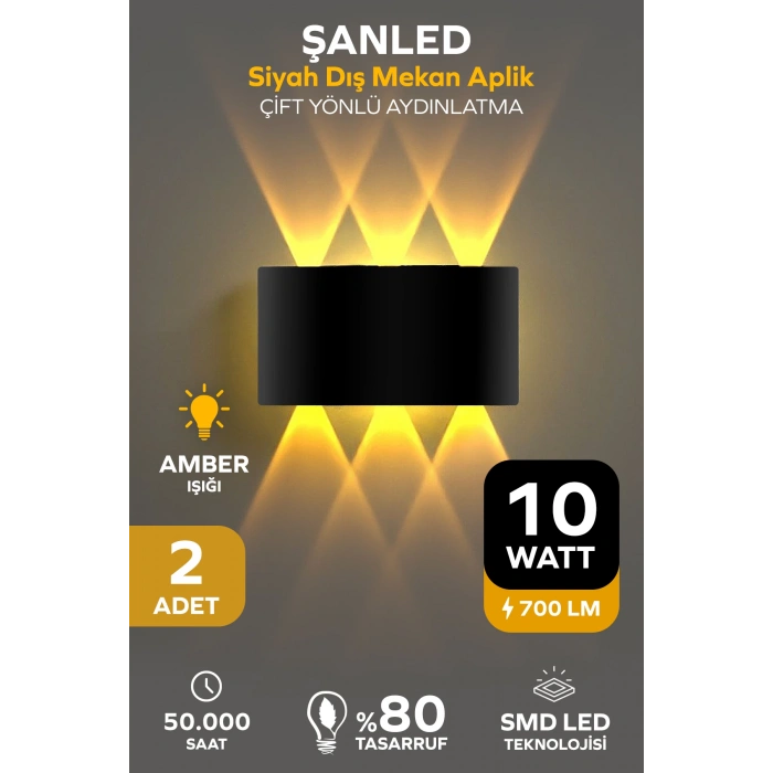 Dekoratif 10w Çift Yönlü Iç-dış Mekan Siyah Kasa Amber Rengi Işık Duvar Aplik 2 Adet