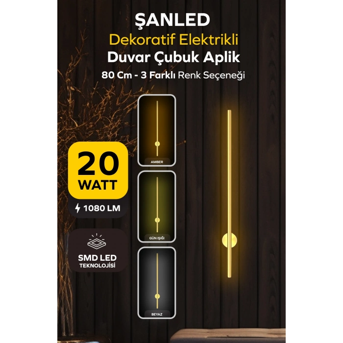 Dekoratif 20W İç Mekan Gold Kasa 3 Renkli Işık Elektrikli 80 cm Duvar Aplik 1 Adet