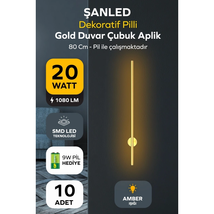 Dekoratif 20W İç Mekan Gold Kasa Amber Işık Rengi 80 cm Duvar Aplik PİLLİ 10 Adet