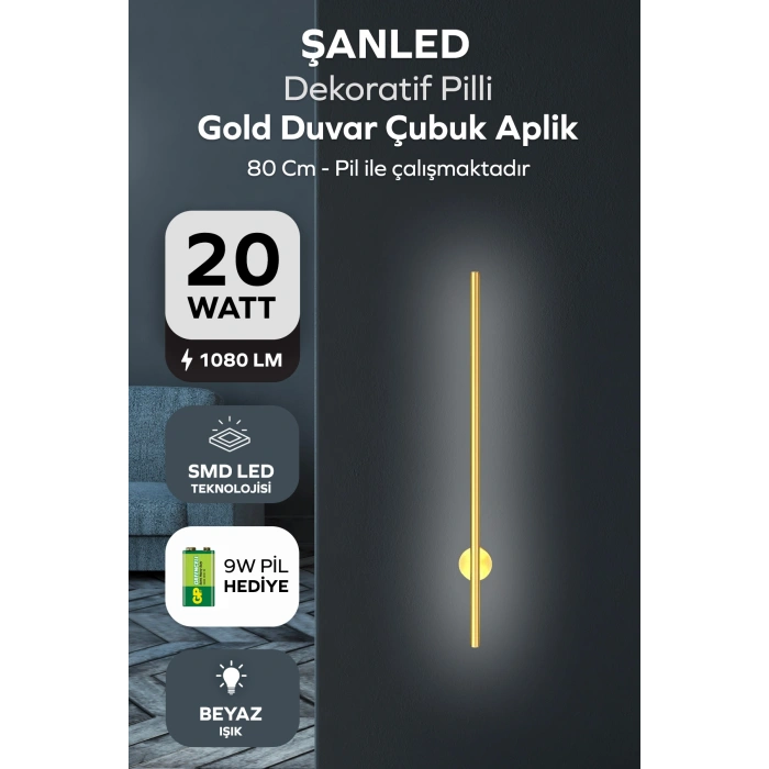 Dekoratif 20W İç Mekan Gold Kasa Beyaz Işık 80 cm Duvar Aplik PİLLİ 1 Adet