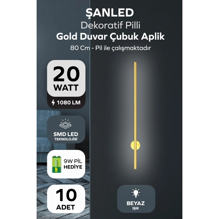 Dekoratif 20W İç Mekan Gold Kasa Beyaz Işık 80 cm Duvar Aplik PİLLİ 10 Adet