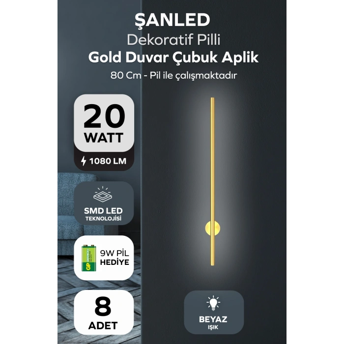 Dekoratif 20W İç Mekan Gold Kasa Beyaz Işık 80 cm Duvar Aplik PİLLİ 8 Adet