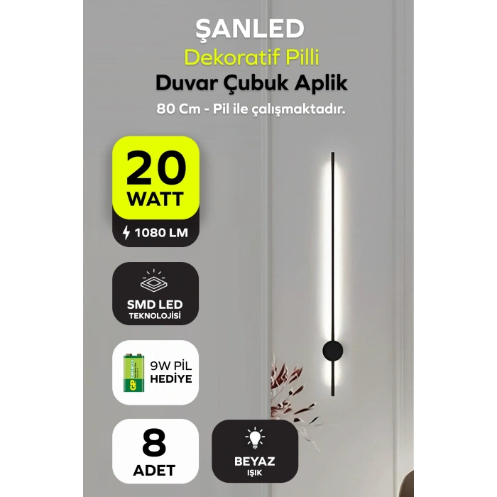 Dekoratif 20W İç Mekan Siyah Kasa Beyaz Işık 80 cm Duvar Aplik PİLLİ 8 Adet