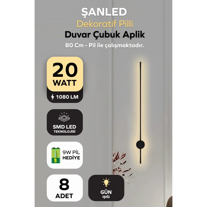 Dekoratif 20W İç Mekan Siyah Kasa Gün Işığı 80 cm Duvar Aplik PİLLİ 8 Adet
