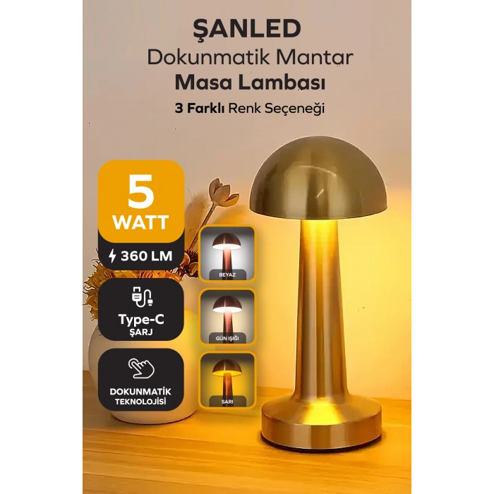 Gold Renk Şarjlı LED Masa Lambası Type-C Girişli Dokunmatik 3 Işık Modlu Gece Aydınlatması