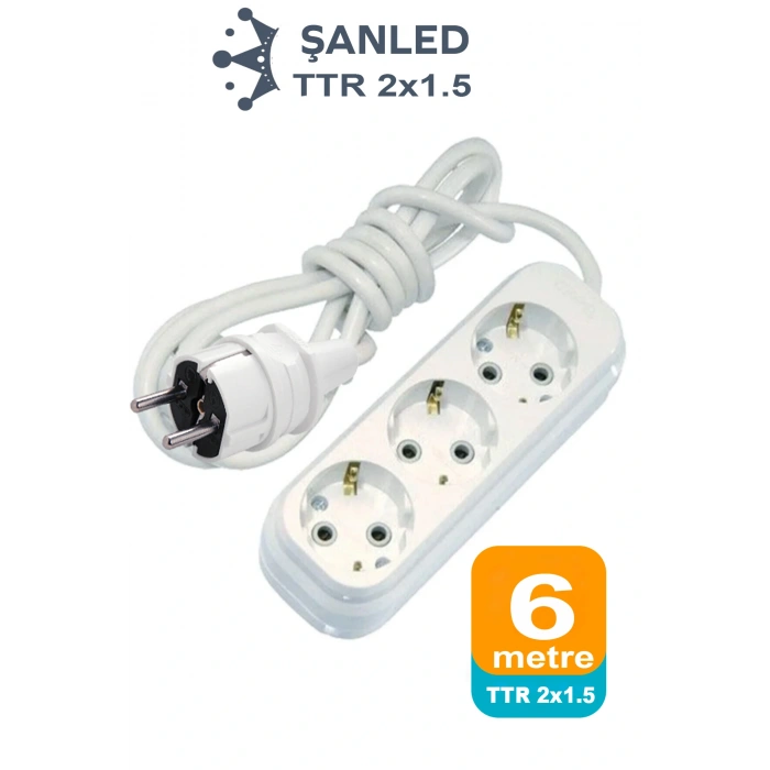 Grup Priz Topraklı 3lü Çoklu Priz Seyyar Ara Uzatma Kablosu TTR 2x1,5 mm kablo 6 metre