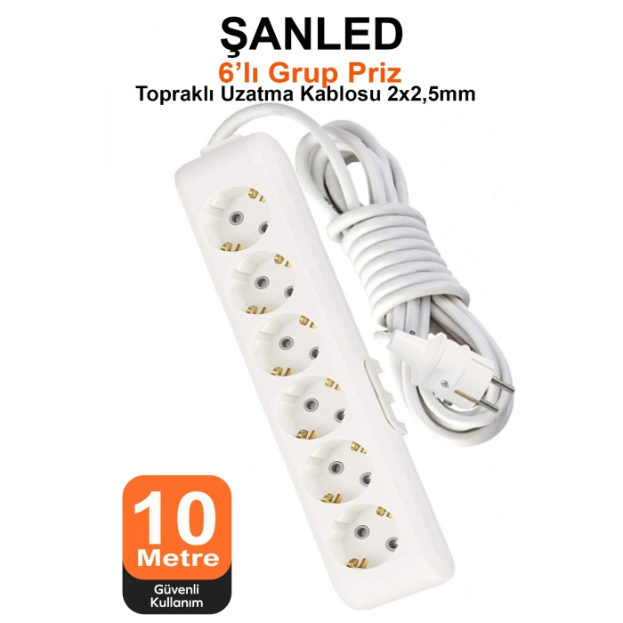Grup Priz Topraklı 6lı Çoklu Priz Seyyar Ara Uzatma Kablosu TTR 2x2,5 mm kablo 10 metre
