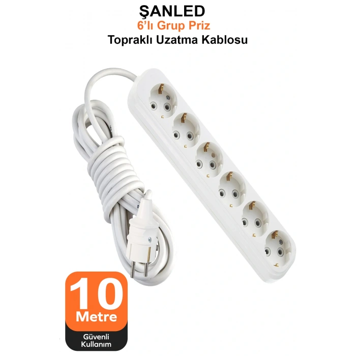 Grup Priz Topraklı 6lı Çoklu Priz Seyyar Ara Uzatma Kablosu TTR 2x2,5 mm kablo 10 metre