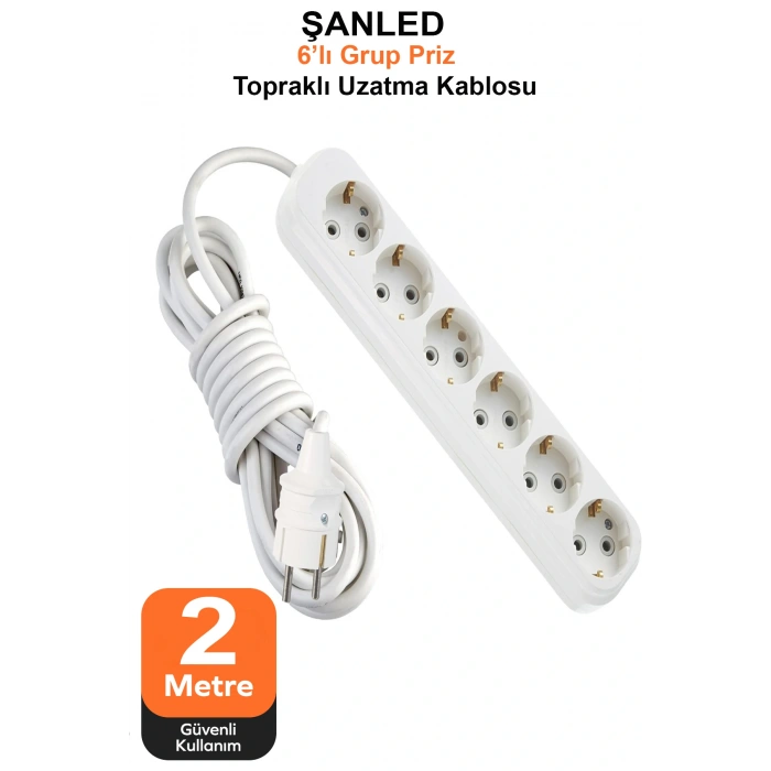 Grup Priz Topraklı 6lı Çoklu Priz Seyyar Ara Uzatma Kablosu TTR 2x2,5 mm kablo 2 metre