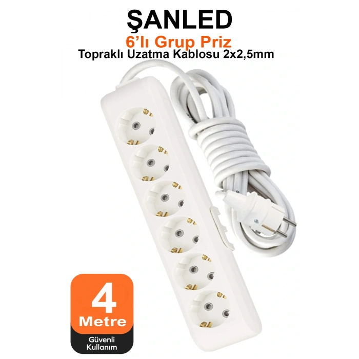 Grup Priz Topraklı 6lı Çoklu Priz Seyyar Ara Uzatma Kablosu TTR 2x2,5 mm kablo 4 metre