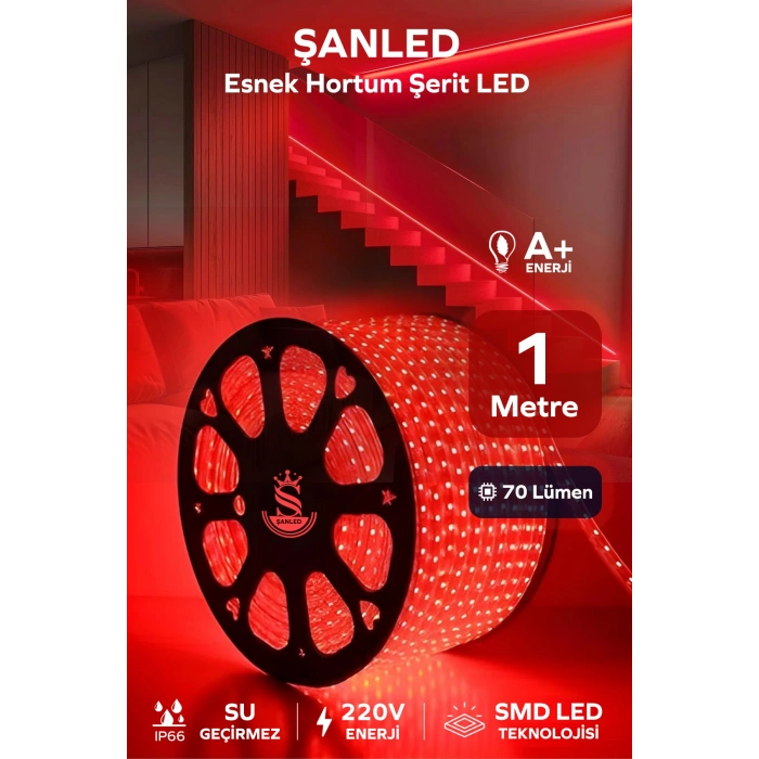 Hortum Esnek 220V Şerit Led Kırmızı 1 Metre