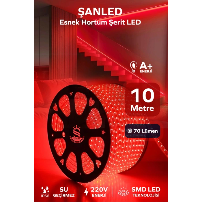 Hortum Esnek 220V Şerit Led Kırmızı 10 Metre
