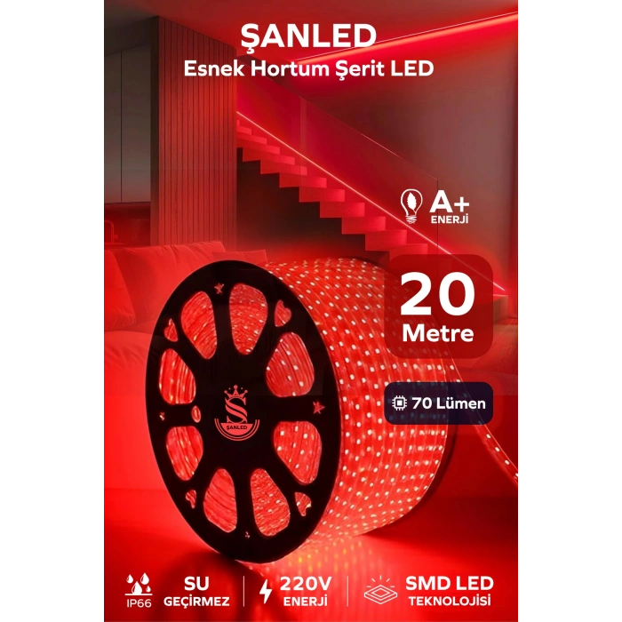 Hortum Esnek 220V Şerit Led Kırmızı 20 Metre