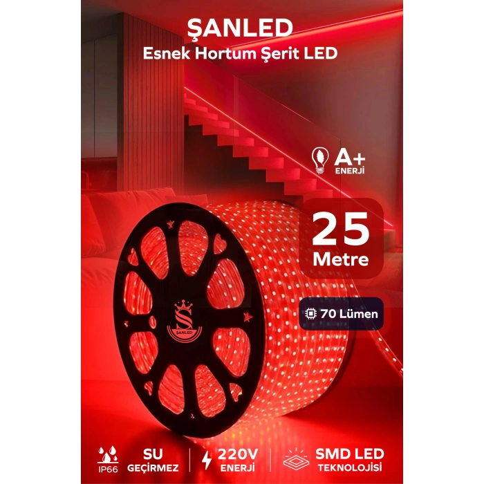 Hortum Esnek 220V Şerit Led Kırmızı 25 Metre