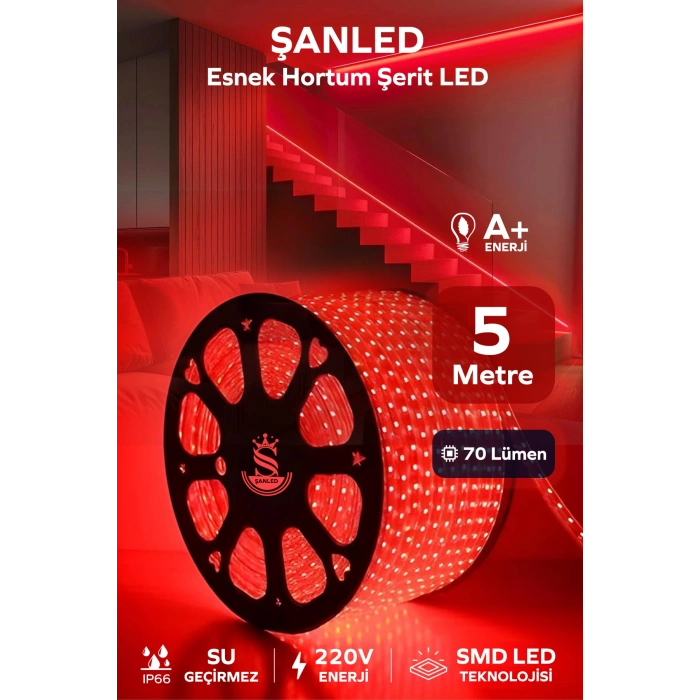 Hortum Esnek 220V Şerit Led Kırmızı 5 Metre