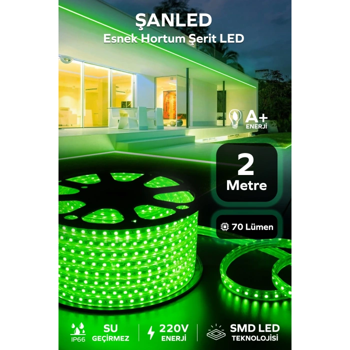 Hortum Esnek 220V Şerit Led Yeşil 2 Metre