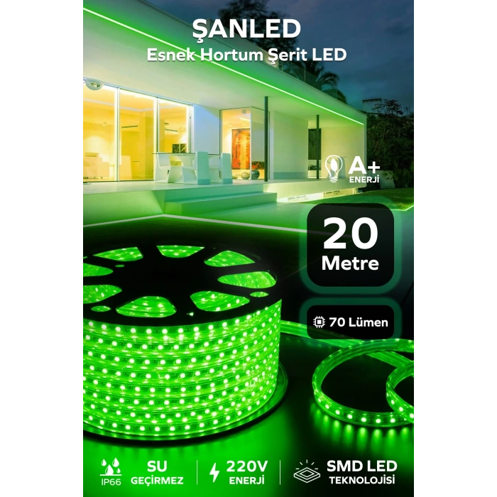 Hortum Esnek 220V Şerit Led Yeşil 20 Metre