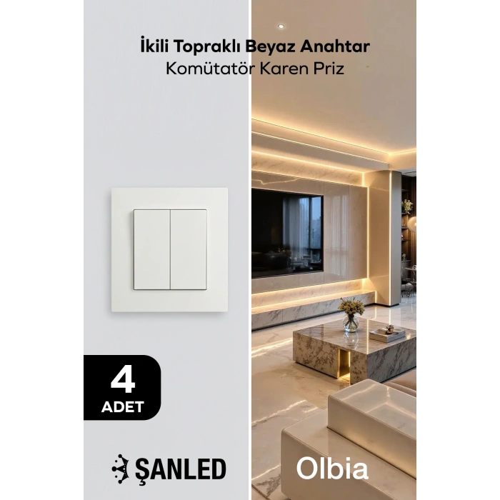 İkili Topraklı Beyaz Anahtar Komütatör Karen Priz 4 Adet