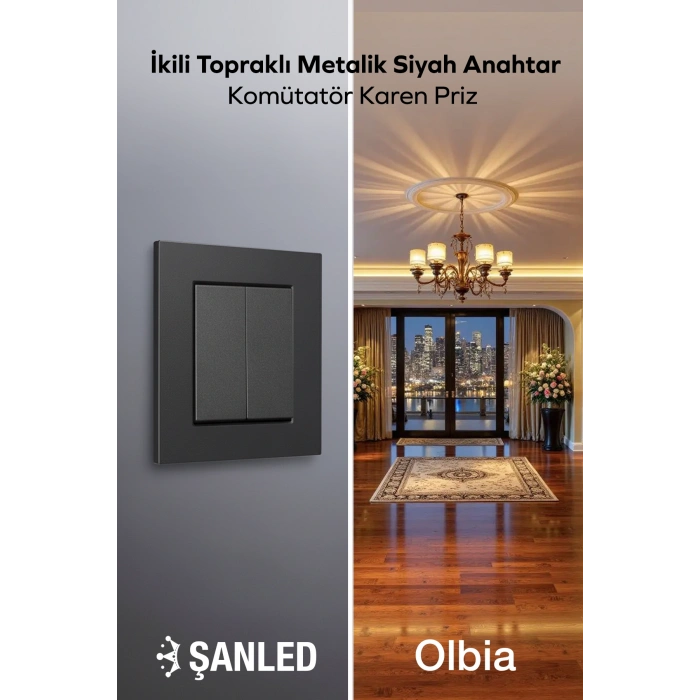 İkili Topraklı Metalik Siyah Anahtar Komütatör Karen Priz 1 Adet